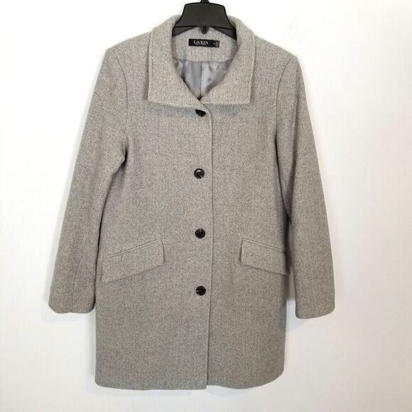 Lauren Ralph Lauren Women Wool Blend Buckle-Collar Coat Sz 10 Gray Herringbone - Picture 1 of 9